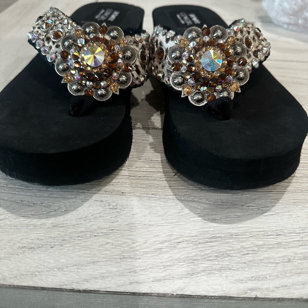 Beaded Black Jeweled Platform Thong Sandals